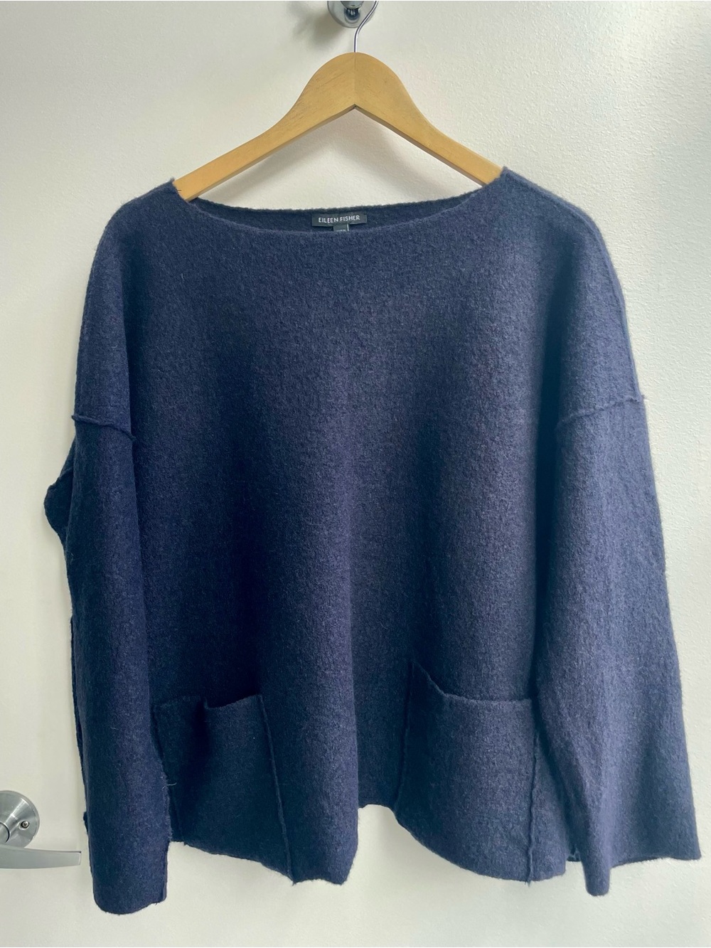 Eileen Fisher Patch Pocket Boiled Wool Sweater in Midnight Colour Small/Medium